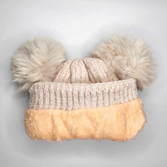 Beige Kids Teddy Bear Sherpa Lined Soft Knit Pom Pom Beanie Winter Hat - Picture 7 of 7